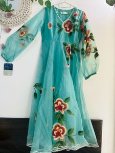 Teal Blue Handpainted Floral Anarkali pant set