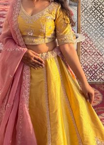 Yellow &amp; Pink Embellished Lehenga Set