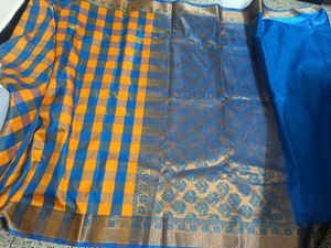 Blue and Yellow Checks saree