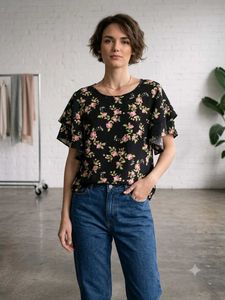 Black Floral Ruffle Sleeve Top