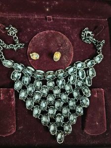 Statement black metal Crystal Necklace,Earrings