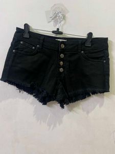 Black Denim Frayed Hem Shorts