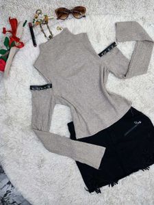 Ribbed Cutout Mock Neck Sweater