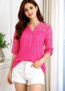 Women's Pink Lace Sleeve Tunic Top Size-36