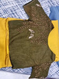 Yellow Embroidered Saree With Green Blouse