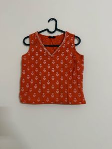Orange Floral Sleeveless Kurta Top