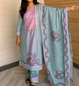 Embroidered Teal Kurta with Pink &amp; Grey Accents