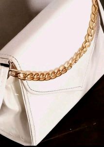 White Slingbag With Golden Chain For Girls And Wom