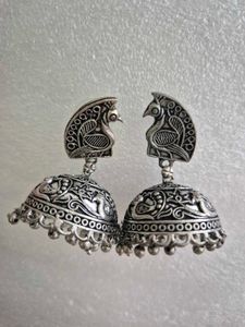 Oxidized Silver Peacock Jhumka Earrings
