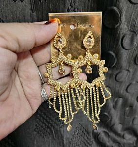 Gold Plated Stone Studded Long Dangler Earrings