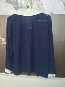Navy Blue Blouse with Lace Collar