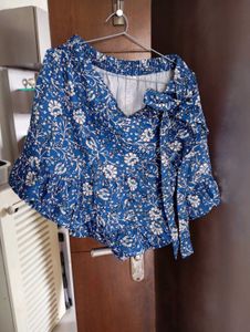 Boho Blue Floral Ruffle Top