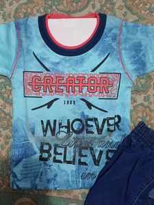Boys Printed T-Shirt &amp; Denim Shorts Set