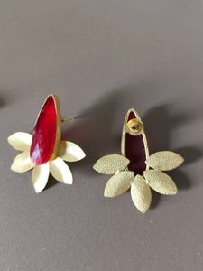 Red Stone &amp; Gold Leaf Earrings