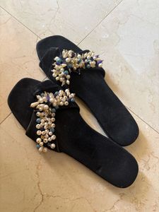 Embellished Black Velvet Slides