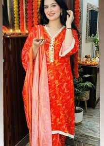 Vibrant Pure Jaipuri Orange Floral Kurta Set with