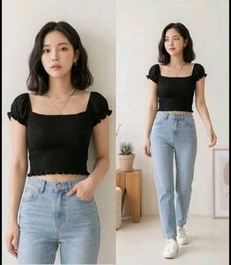 Black Smocked Crop Top