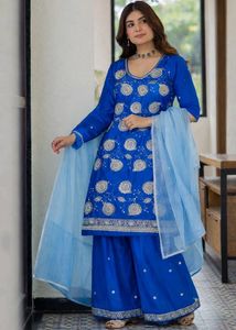Royal Blue Embroidered Suit with Silver Work