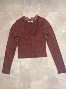 Burgundy Lace Trim Wrap Top