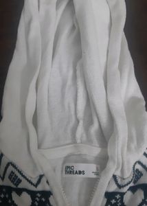 White/black Hooded Zipper Sweater For Girls
