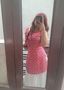Pink Printed Kurta with White skirt