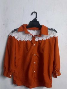 Chic Orange Lace Trim Blouse