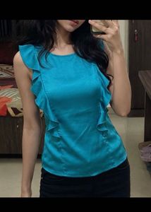 Elegant Teal Satin Top with Ruffle Sleeves