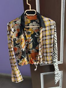 Unique Patchwork Floral Print Tie-Front Top
