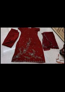 Embellished Red Kurta Set