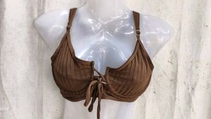 Brown Ribbed Lace-Up Bikini Top