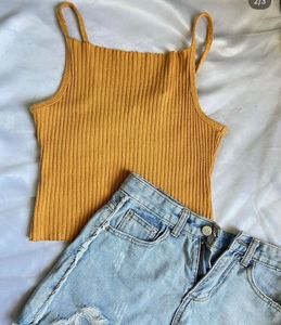 Mustard Ribbed Tank Top &amp; Denim Shorts