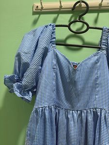 Blue Gingham Puff Sleeve Midi Dress