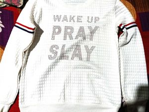 White Sweatshirt with "Wake Up Pray Slay" Rhinesto