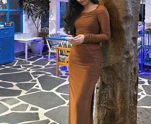 Brown Ruched Maxi Dress