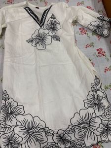White Kurta with Black Floral Embroidery