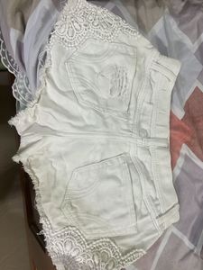 White Lace Detail Ripped Denim Shorts