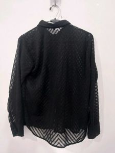 Black Textured Sheer Button-Up Shirt