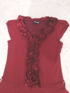 Elegant Red Ruffled Neckline Dress