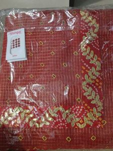 Red Bandhani Saree with Gold Border