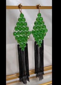 Green Beaded Drop Earrings with Black Chains