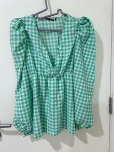 Green Gingham Puff-Sleeve Peplum Top
