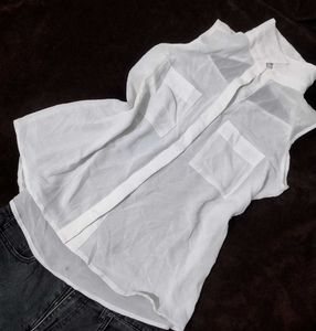 Sheer White Sleeveless Button-Up Top