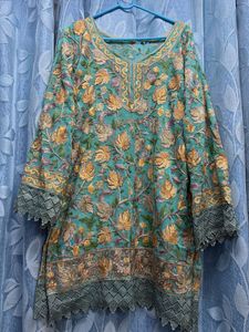 Kashmiri Embroidered Teal Kurta