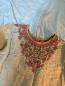 Beige Embroidered Kurta Set with Dupatta