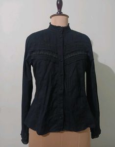 Vintage Chic Black Long Sleeve Ruffled Blouse