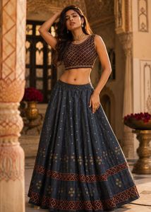 Navratri Silk grey red Lehenga Choli Set