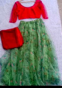 Red embellished half saree set or dhavani