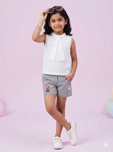 Cute Girls White Top & Grey Shorts Set