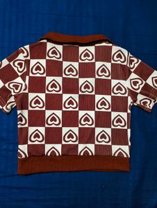 Brown Heart Ribbed Crop Polo