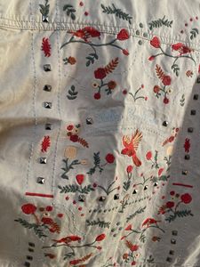 Classic Beige embroidered Denim Jacket